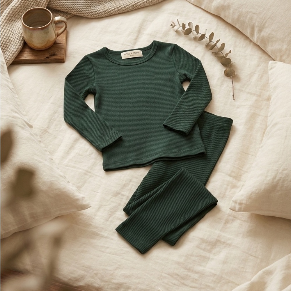 Kids Size 5 Ribbed Green Pajama Set Unisex Boys Girls Soft Sleepwear